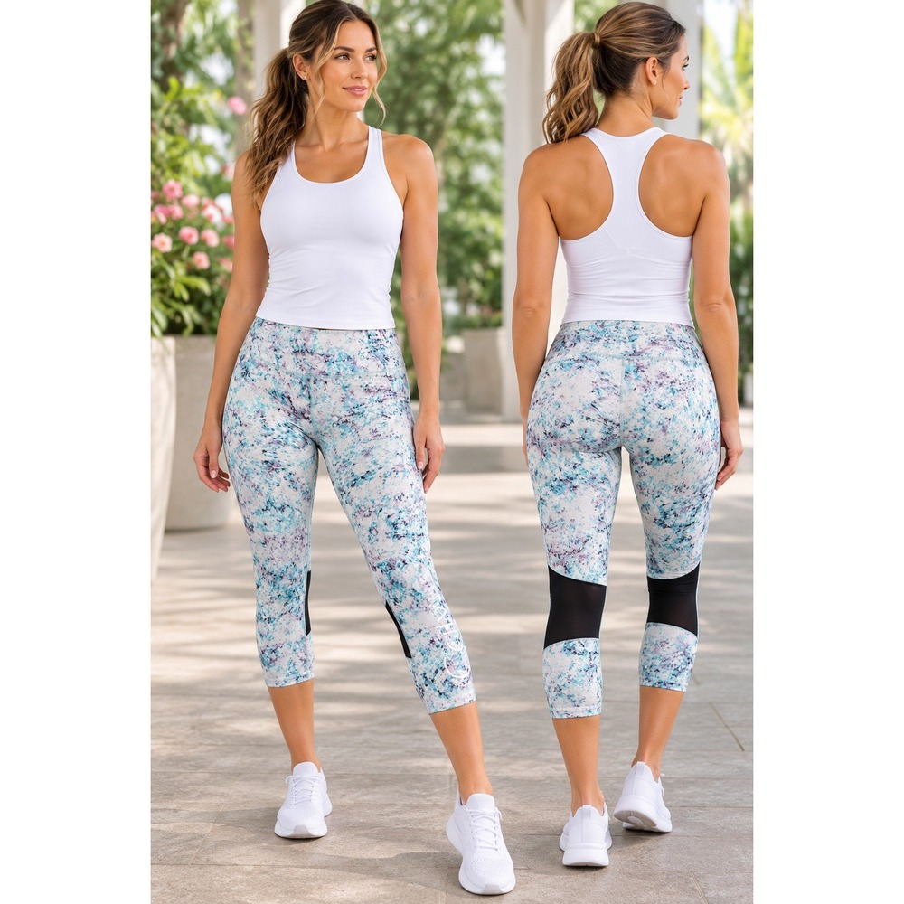 Calvin Klein Performance Leggings Womens L Blue Gray Abstract Print Stretch Yoga